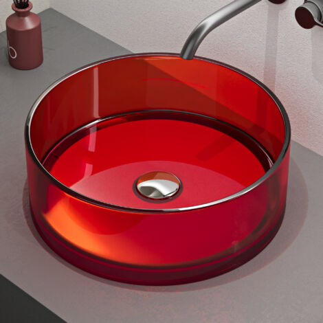 Mai & Mai Vasque à Poser Ronde Rouge Lavabo de Résine Transparente Évier Salle de Bain Lave Mains sans Trop-Plein 40x40x14cm Coloria01 (1/5)