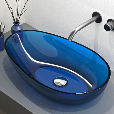 Mai & Mai Vasque à Poser Ovale Bleu Lavabo de Résine Transparente Évier Salle de Bain Lave Mains sans Trop-Plein 60x36x14cm Coloria04 (1/5)