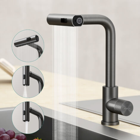 Mai & Mai Robinet Évier de Cuisine en Acier Inoxydable 304 Rotatif à 360° Eau Chaude et Froide Mélangeur Trois Modes de Jet Bec Extractible Mitigeur Cuisine Gris 31,6 cm Turnix-02 (1/5)