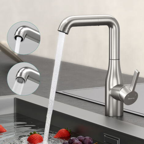 Mai & Mai Robinet Évier de Cuisine en Acier Inoxydable 304 Rotatif à 360° Eau Chaude et Froide Mélangeur Deux Modes de Jet Bec Extractible Mitigeur Cuisine Argent Brossé 26,2 cm Turnix-04 (1/5)