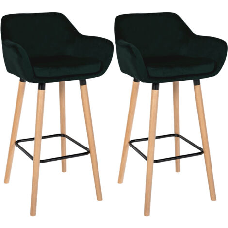 CLP – Lot de 2 tabourets de bar en velours vert – Hauteur d'assise 79 cm – Design nordique avec dossier – Pour cuisines et salles à manger modernes (1/5)