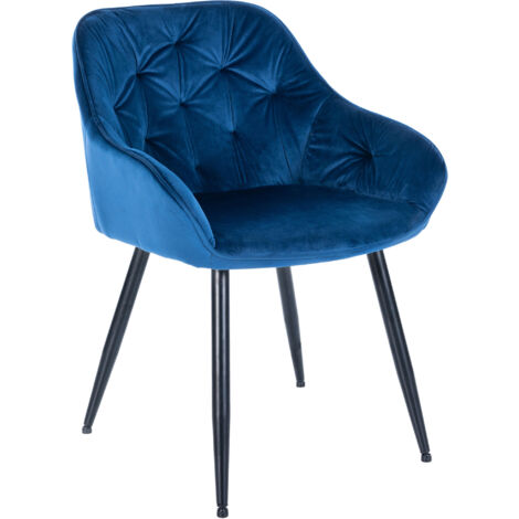 CLP – Chaise de salle à manger en velours bleu avec piètement en métal noir – Dossier décoratif – Confort optimal pour espaces repas (1/5)