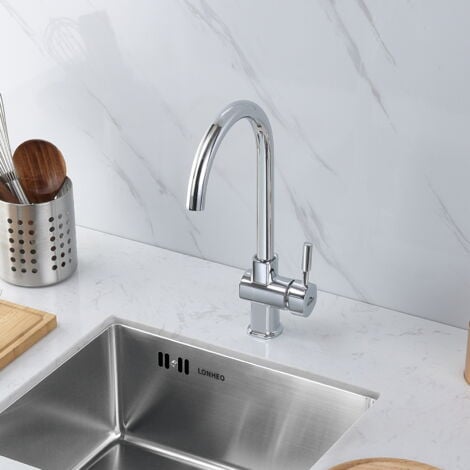 Clásico Grifo de Cocina con Giro de 360°Caño Alto Diseño Elegante Grifos de Fregadero Monomando en Latón y Cromado para Agua Caliente y Fría