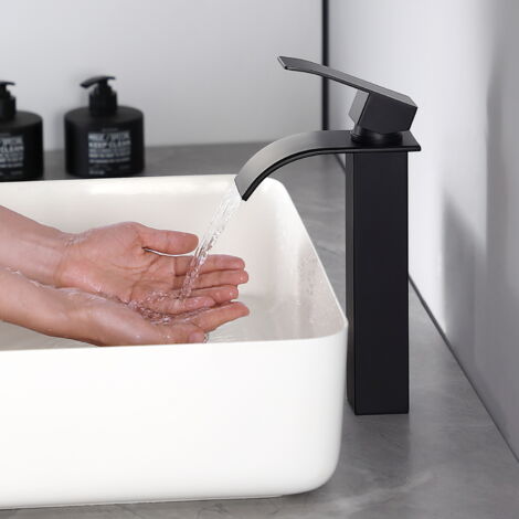 Cecipa Grifo para Lavabo Alto Grifo Monomando para Lavabo Negro Grifo de Lavabo Cascada Grifo para Lavabo de Baño