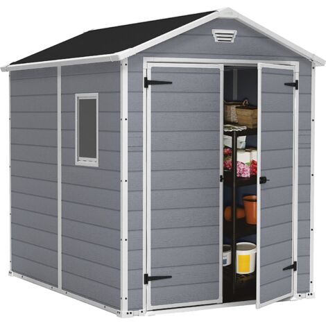 Keter Manor Grey Garden Shed 6 x 8 ft Apex Outdoor Storage Wood Effect Resin