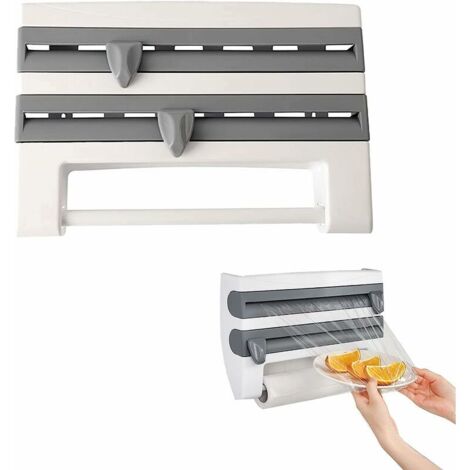Wandmontierter Frischhaltefolienrollenhalter für die Küche, Aluminiumfolien- und Folienspender, wandmontierter Papierhandtuchhalter mit dreifachem Abroller, Folienschneider (grau)