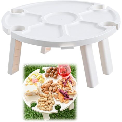 Tragbarer Weinpicknicktisch, kompakter Strandtisch und kleiner Campingtisch, 30 x 16 cm, weißes faltbares Kunststoffdesign, kleines leichtes Picknick für Outdoor-Aktivitäten