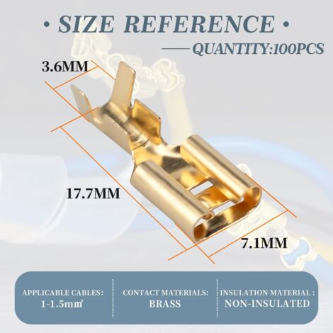 100 Stück nicht isolierte Crimp-Anschlussklemmen aus Messing, Anschlussbreite 6,3 mm für Kabel von 1 mm² bis 1,5 mm². (1/5)