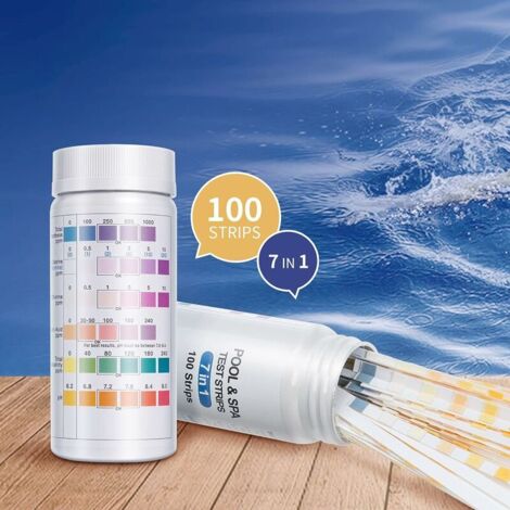 Confezione da 100 strisce reattive per piscina, strisce reattive 7 in 1 per piscina, spa e vasca idromassaggio, analisi della qualità dell'acqua: durezza totale, bromo, cloro libero, pH, acido cianuri
