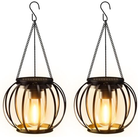 Luci solari sospese per esterni, 2 confezioni di lanterne solari in metallo per esterni con grande lampadina a LED, luci solari impermeabili IP65, decorazioni da giardino con gancio e catena per patio (1/5)