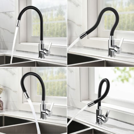 Auralum Rubinetto Cucina Flessibile, Miscelatore Cucina Nero Girevole a 360°, Rubinetto Lavello Cucina Nero con Tubo Flessibile