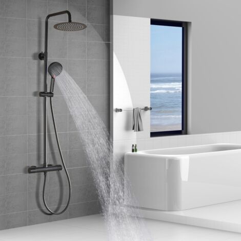 Detbom – Colonne de douche thermostatique noire – Acier inoxydable – Pommeau rond 250mm – Douchette multijets – Hauteur réglable 1006-1206mm