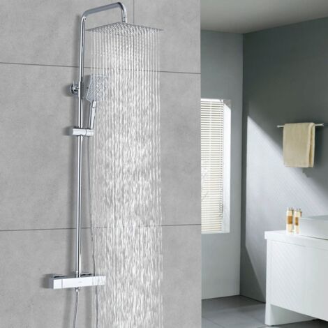 Detbom – Colonne de douche thermostatique avec mitigeur – Finition chrome – Pommeau carré 247mm – Hauteur réglable 1006-1206mm – Sécurité 38°C