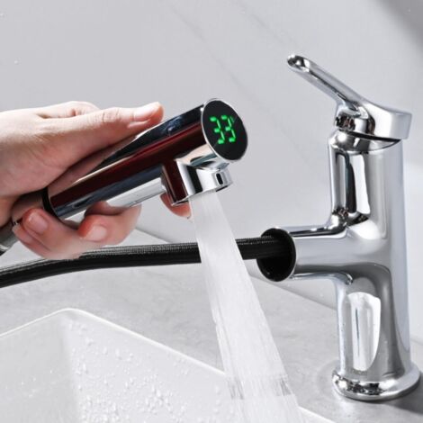 Detbom – Mitigeur lavabo avec douchette extractible – LED intelligent – Finition chrome – 2 modes de jet – Installation monotrou sur plage