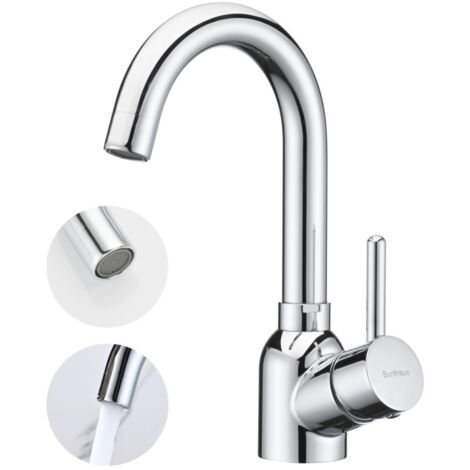 Detbom – Mitigeur de lavabo chromé haut – Robinet rotatif 360° – Acier inoxydable – Installation monotrou – Hauteur 236 mm – Hauteur sous bec 159 mm