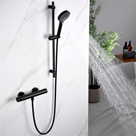 Detbom – Colonne de douche thermostatique noire – Mitigeur avec douchette 3 jets – Acier inoxydable résistant à la rouille – Flexibles anti-torsion
