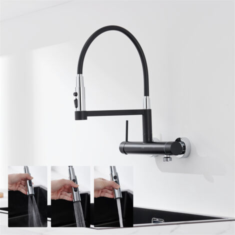Detbom – Robinet mural de cuisine noir mat – Acier inoxydable – Douchette extractible 3 jets – Entraxe 150 mm – Pivotant 360°