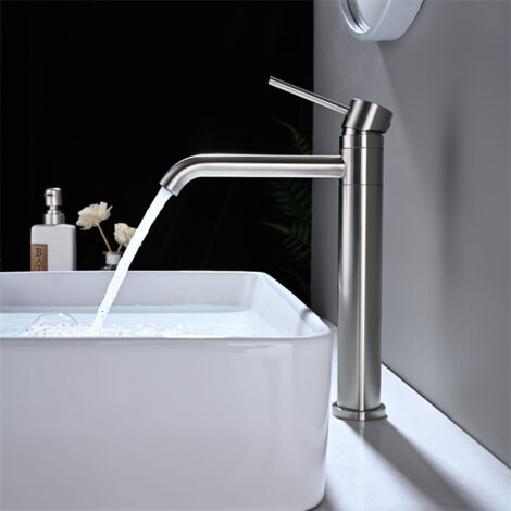 Detbom – Mitigeur de lavabo haut pivotant 360° – Acier inox brossé – Hauteur 281mm – Économie d'eau jusqu'à 30% – Vanne céramique 500 000 cycles