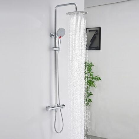 Detbom – Colonne de douche thermostatique – Acier inoxydable chromé – Tête de douche ronde 250mm – 3 jets – Hauteur réglable 1006-1206mm