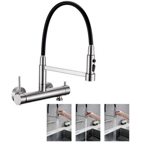 Detbom – Mitigeur mural de cuisine avec douchette extractible 3 jets – Acier inox brossé – Rotation 360° – Entraxe 150 mm – Débit 9 L/min
