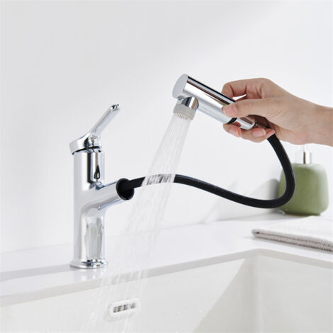 Detbom – Mitigeur lavabo avec douchette extractible – 2 modes de jet – Finition chrome – Installation monotrou – Hauteur 196 mm – Pression 0.5-5 bars