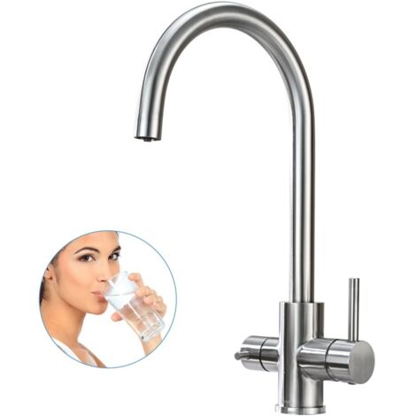 Detbom – Robinet de cuisine 3 voies rotatif à 360° – Acier inox brossé – Valve céramique – Hauteur sous bec 267mm – Pour évier simple et double