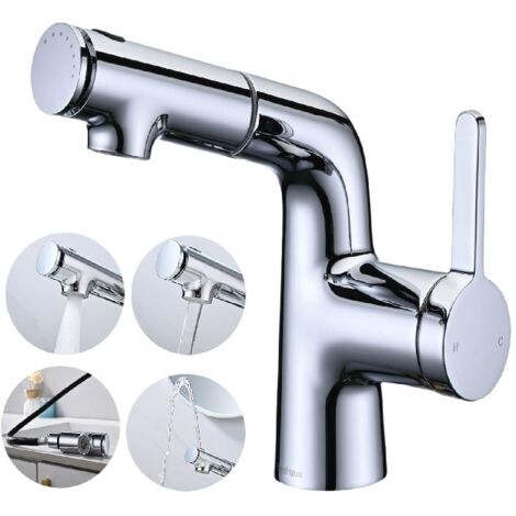 Mitigeur de lavabo avec douchette extractible – Finition chrome – 3 jets – Hauteur totale 177 mm – Installation monotrou sur plage