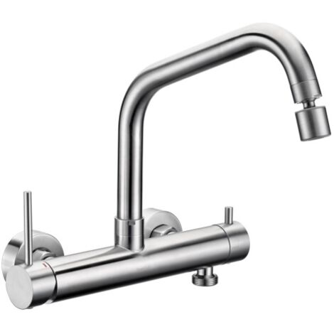 Mitigeur mural de cuisine en acier inoxydable brossé – 2 jets – Rotation 360° – Entraxe 150 mm – Débit 9 L/min