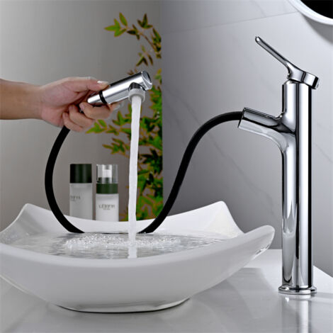 Detbom – Mitigeur de lavabo haut avec douchette extractible – Finition chrome – Hauteur 320 mm – Installation monotrou – 2 jets pour usage professionnel