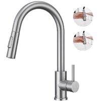 Detbom – Robinet de cuisine mitigeur 360° avec douchette extractible – Acier inox brossé – 2 modes de pulvérisation – Hauteur sous bec 179mm