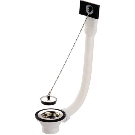 Bonde de PVC para fregadero de acero inoxidable con rejilla de acero inoxidable, tapón y cadena con rebosadero Ø70 - perforación de 50 mm