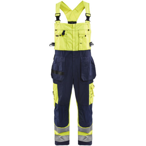 Mono de trabajo con tirantes de alta visibilidad 2603 - Amarillo fluorescente/Marino 48