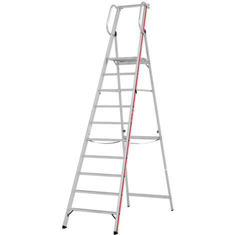 Escabeau aluminium grande plateforme 4 à 12 marches – Hauteur de travail 2,33m – Capacité 260 kg – Marches antidérapantes 82 mm – Hymer