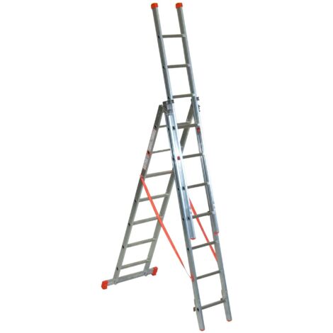 Facal – Échelle escamotable aluminium 3 plans – Longueur ajustable 4 à 9 m – Hauteur maximale 4,72 m – Barreaux antidérapants carrés 30x30 mm (1/3)