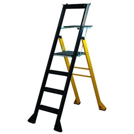 Centaure – Escabeau aluminium 4 marches caillebotis – Hauteur d'accès 2,90 m – Charge max 150 kg – Tablettes de rangement intégrées