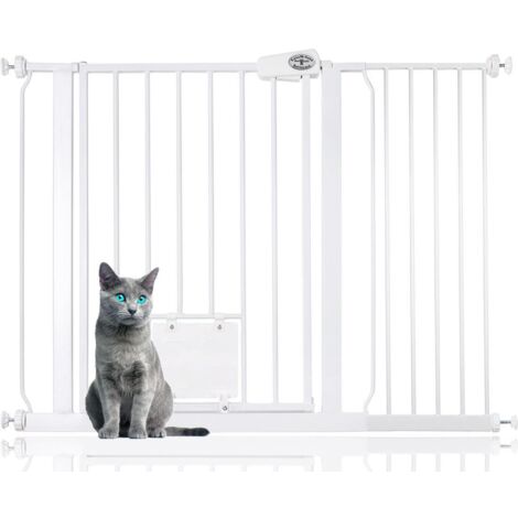 Bettacare Pet Gate with Lockable Cat Flap, 107.4cm - 115cm, White, 75cm in Height, Dog Safety Barrier with Cat Flap