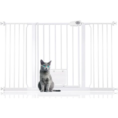 Bettacare Pet Gate with Lockable Cat Flap, 139.8cm - 147.4cm, White, 75cm in Height, Dog Safety Barrier with Cat Flap