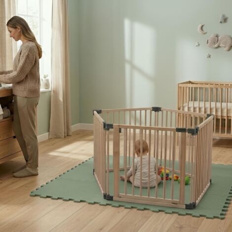 Safetots Wooden Play Den Pentagon 5 x 80cm, Natural Wood, 76cm High, with Soft Foam Play Mat, Soft Green, 150cm x 150cm