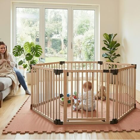Safetots Wooden Play Den Hexagon 6 x 80cm, Natural Wood, 76cm High, with Soft Foam Play Mat, Mocha, 180cm x 150cm