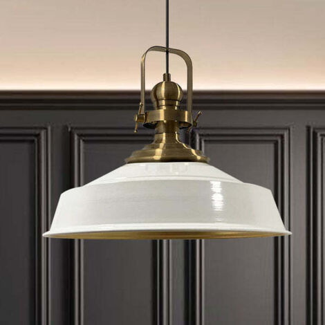 Suspension Industrielle en Métal Blanc Peint à la Main – Lustre Vintage E27 Ø41 cm pour Salon, Chambre ou Salle à Manger (1/4)