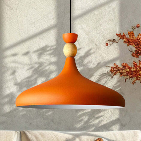 Lampe Suspendue Simple en Forme de Chapeau en Bois Orange – Lustre Vintage E27 Ø35 cm pour Salon, Chambre ou Salle à Manger