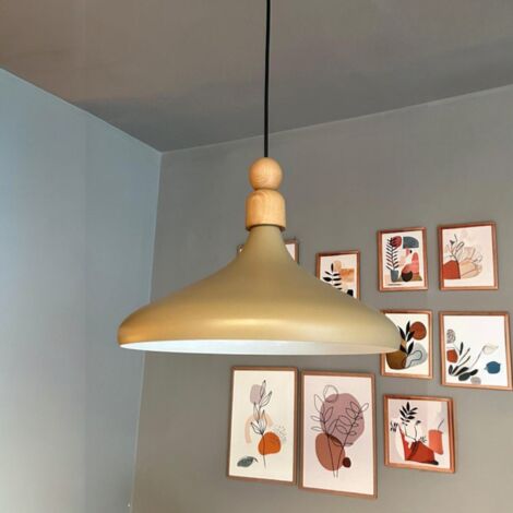 Champion Lampe Suspendue Simple Avec Tête de Lit en Bois Vert – Lustre Vintage E27 Ø35 cm pour Salon, Chambre ou Salle à Manger Beige (1/5)