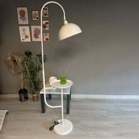 Moderne Stehlampe aus Weiß Metall mit Tablett und Beweglichem Kopf, E27-Sockel, Moderne Stehlampe für Wohnzimmer oder Schlafzimmer