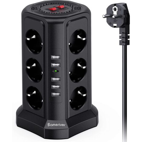 Tour multiprise parafoudre, Multiprise Electrique- Multiprise Électrique avec 5 Ports USB et 12 Prises, 3 Interrupteurs - Couleur Noir. (1/5)