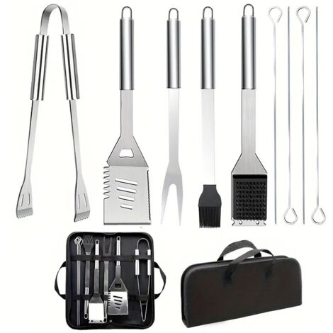 Ensemble d'ustensiles de barbecue en acier inoxydable 9 pièces avec sac de transport , pelle , brosse métallique , pinces et fourchette , accessoires de cuisine en plein air et de camping (1/4)