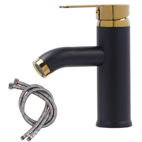Robinet de cuisine en acier inoxydable 304 , robinet de salle de bain avec tuyau , robinet d'évier d'eau chaude et froide , robinet de lavabo pour lavabo de salle de bain , toilettes invités (or noir) (1/5)