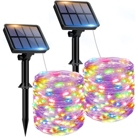 Lot de deux guirlandes lumineuses solaires d'extérieur , 150 LED étanches , 8 modes de décoration , idéales pour jardin , terrasse , cour , Noël , mariage , lumières colorées (1/5)
