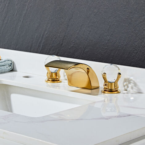 Robinet de salle de bain cascade chaud et froid en titane à trois trous avec poignée en boule de cristal (1/5)