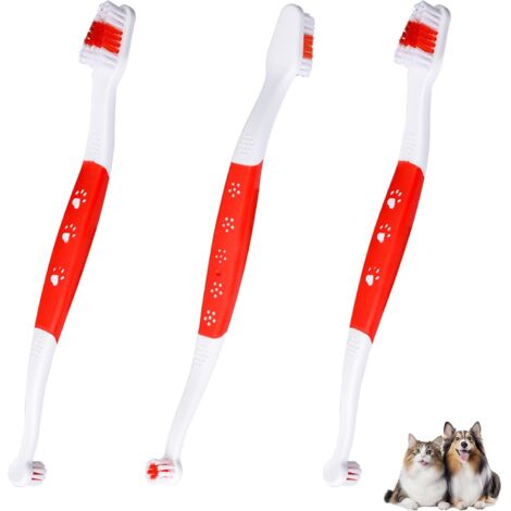 Lot de 3 Brosses à Dents à Double Tête pour Animaux de Compagnie , Brosse à Dents à Poils Souples pour Nettoyage des Dents des Petits et Grands Chiens et Chats (Rouge) (1/5)