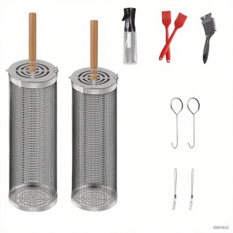 Lot de 2 paniers à grillades cylindriques en acier inoxydable avec poignées en bois (30 × 10 cm + 29 × 9 cm) - Accessoires portables pour grillades de légumes en plein air (1/5)